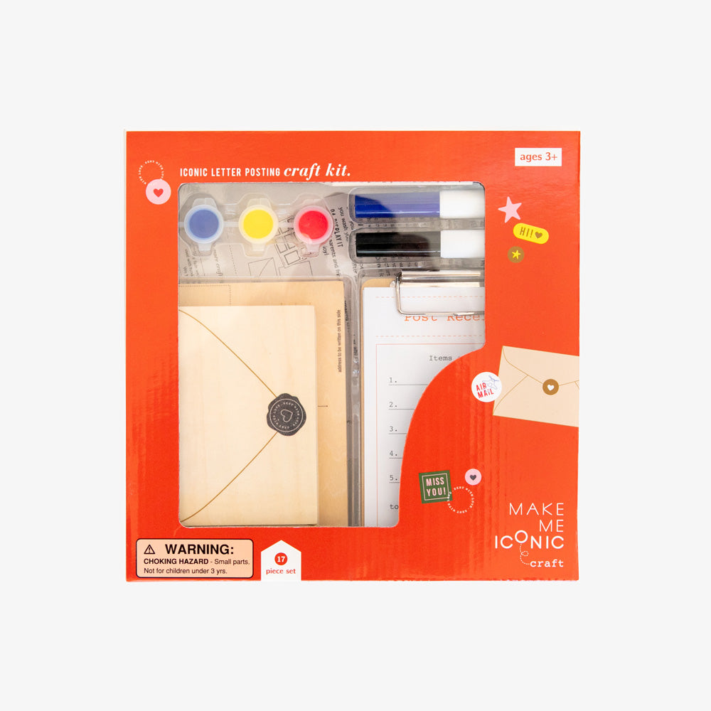DIY Post Box Letters Craft Kit with colourful paper letters, stamps, and envelopes designed to pair with wooden toy Iconic Post Box for imaginative play.