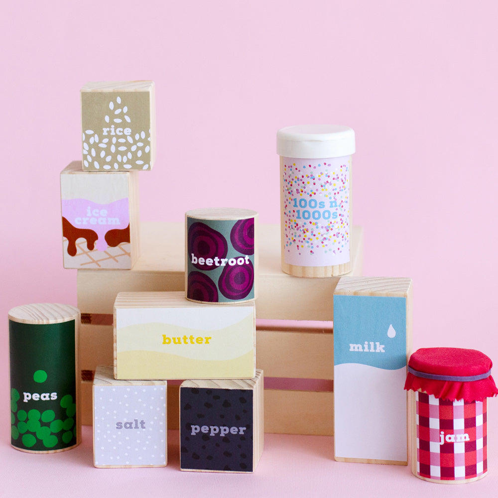 DIY wooden food craft for kids with jam jar toy, fabric top and printable template for imaginative pretend play