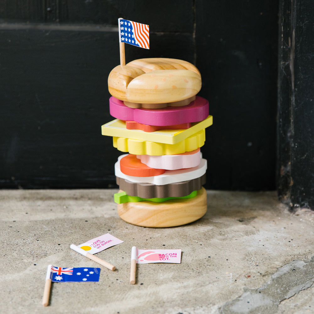 Make Me Iconic’s new and improved wooden Stacking Burger toy featuring classic Aussie burger ingredients including beetroot, pineapple and egg. 