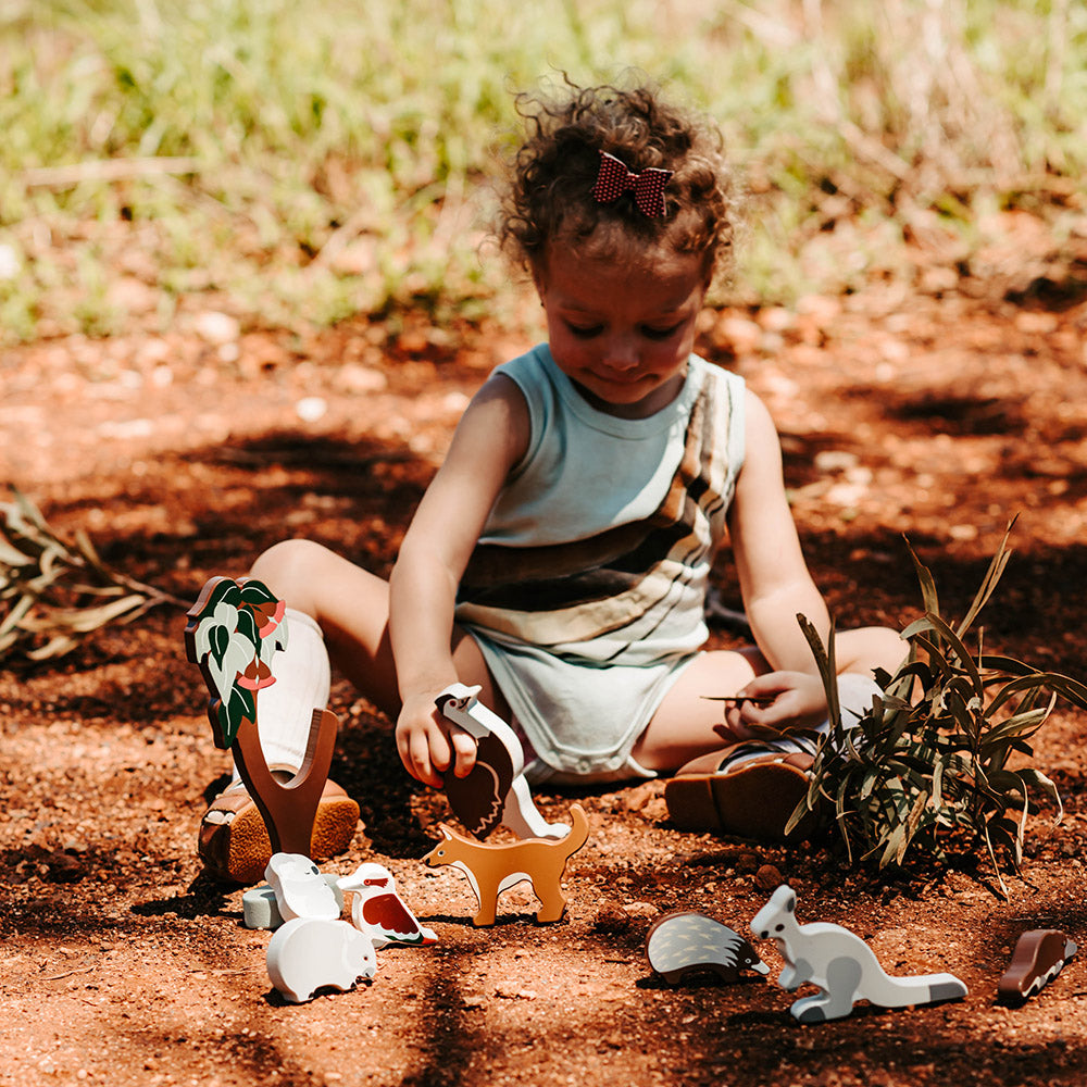 Make Me Iconic wooden toys, Australian wooden animal toy set with kangaroo, koala and native wildlife, styled outdoors in bushland for imaginative Aussie kids play and unique Australian gifts