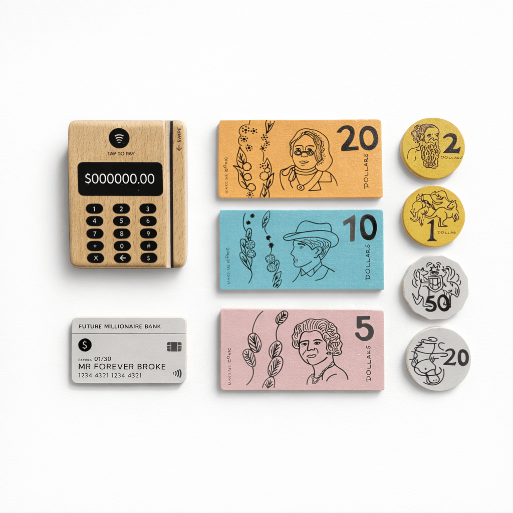 WOODEN TOY -  LOOSE CHANGE AUSTRALIAN MONEY & POINT OF SALE MACHINE