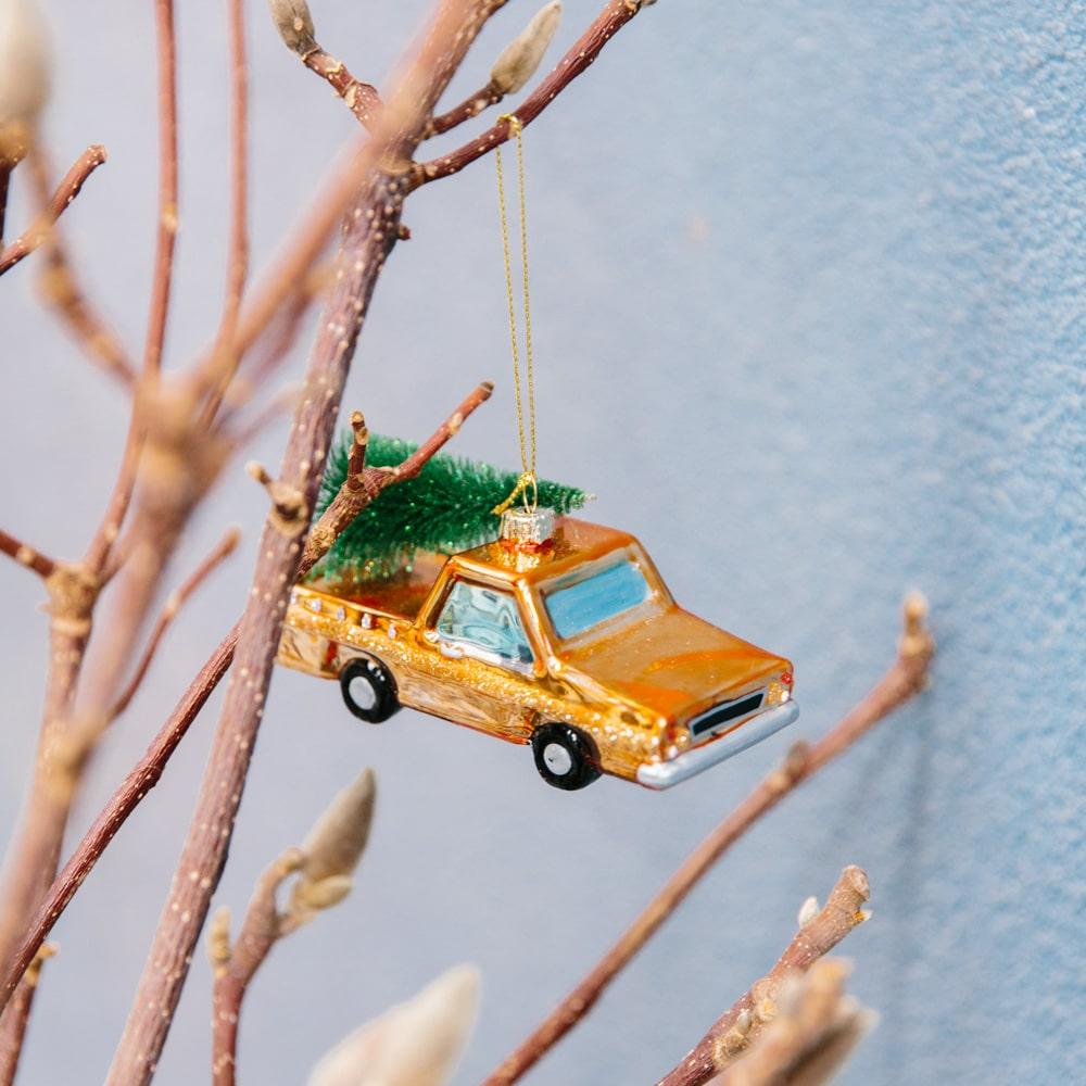 Make Me Iconic Christmas glass ornament set, 5-piece Australian-themed decorations featuring Fairy Bread, Lamington, Ute with tree, Surfboard, and Cockatoo, crafted in glass with paint and glitter details, great for gifts and Aussie souvenirs.