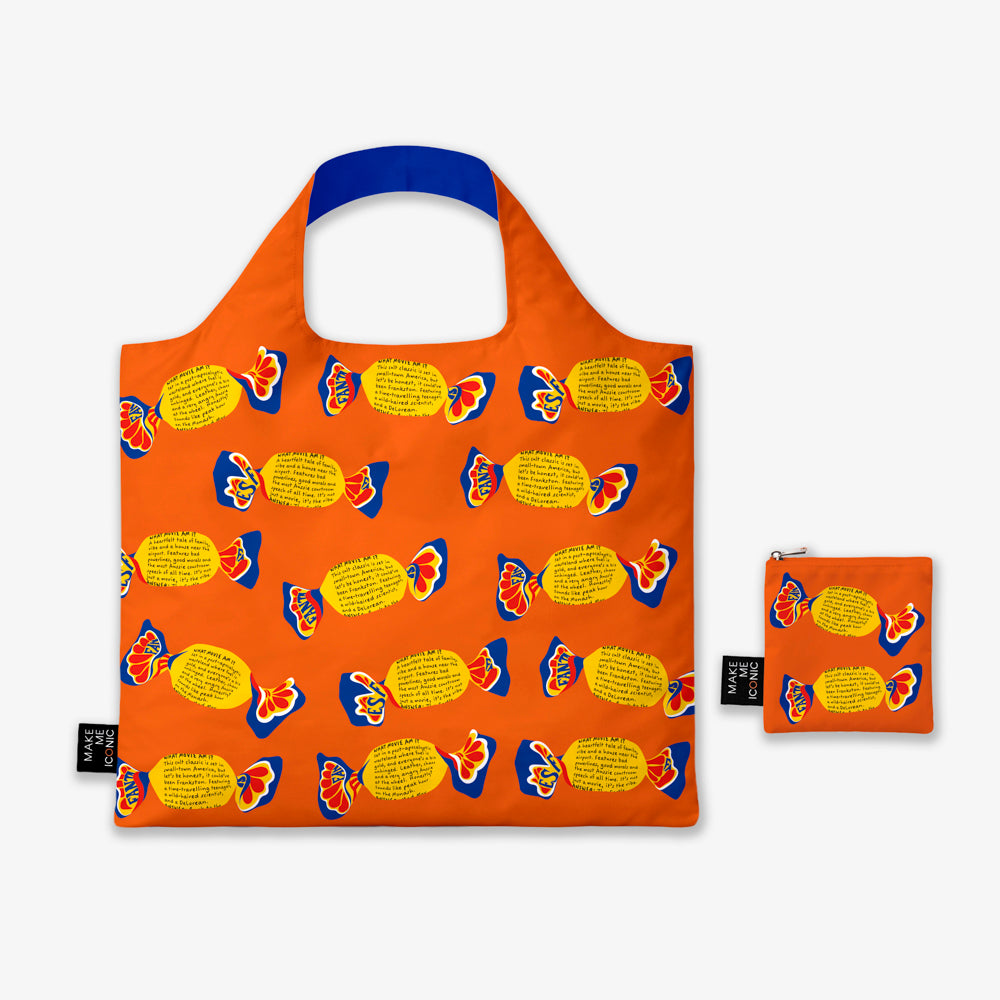 A Make Me Iconic reusable foldable shopping bag featuring a nostalgic Fantale lolly design on a vibrant orange background. Made from 100% recycled fabric, this lightweight bag folds into its own matching pouch, making it perfect for shopping, travel, or everyday use while celebrating one of Australia's most iconic treats.