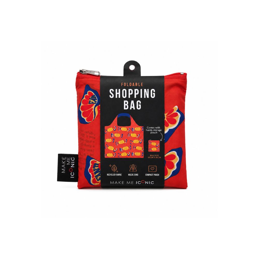 A Make Me Iconic reusable foldable shopping bag featuring a nostalgic Fantale lolly design on a vibrant orange background. Made from 100% recycled fabric, this lightweight bag folds into its own matching pouch, making it perfect for shopping, travel, or everyday use while celebrating one of Australia's most iconic treats.