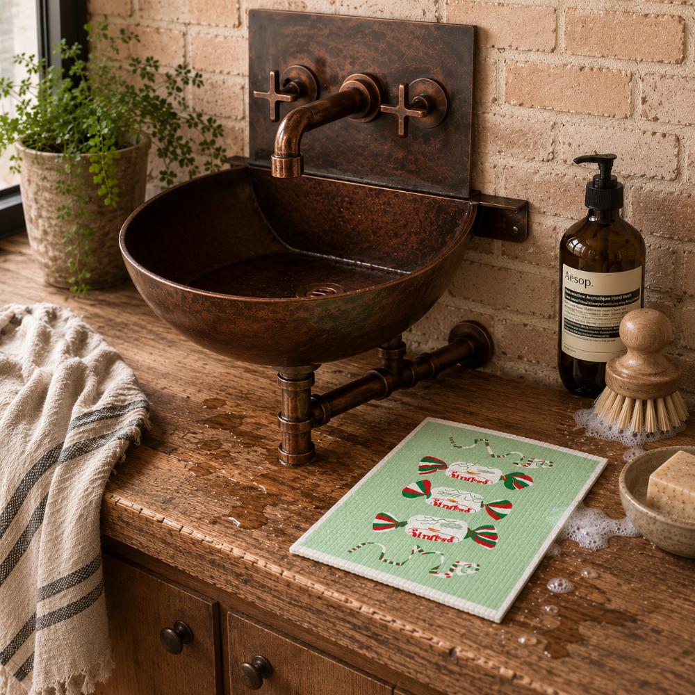 A Make Me Iconic reusable Swedish dishcloth featuring illustrations of two iconic Australian lollies, Fantales and Minties. The eco-friendly sponge showcases nostalgic Aussie confectionery in a colourful design, making it a fun and practical kitchen cleaning cloth for everyday use.