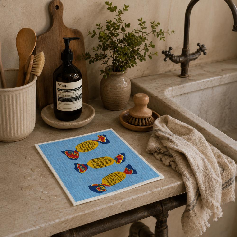 A Make Me Iconic reusable Swedish dishcloth featuring illustrations of two iconic Australian lollies, Fantales and Minties. The eco-friendly sponge showcases nostalgic Aussie confectionery in a colourful design, making it a fun and practical kitchen cleaning cloth for everyday use.