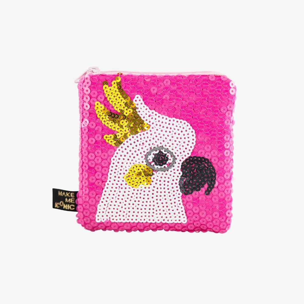 Australian Cockatoo Pocket Purse featuring shimmering sequins and Australia's favourite cheeky bird. Perfect for coins, keys, hair clips and tiny treasures.
