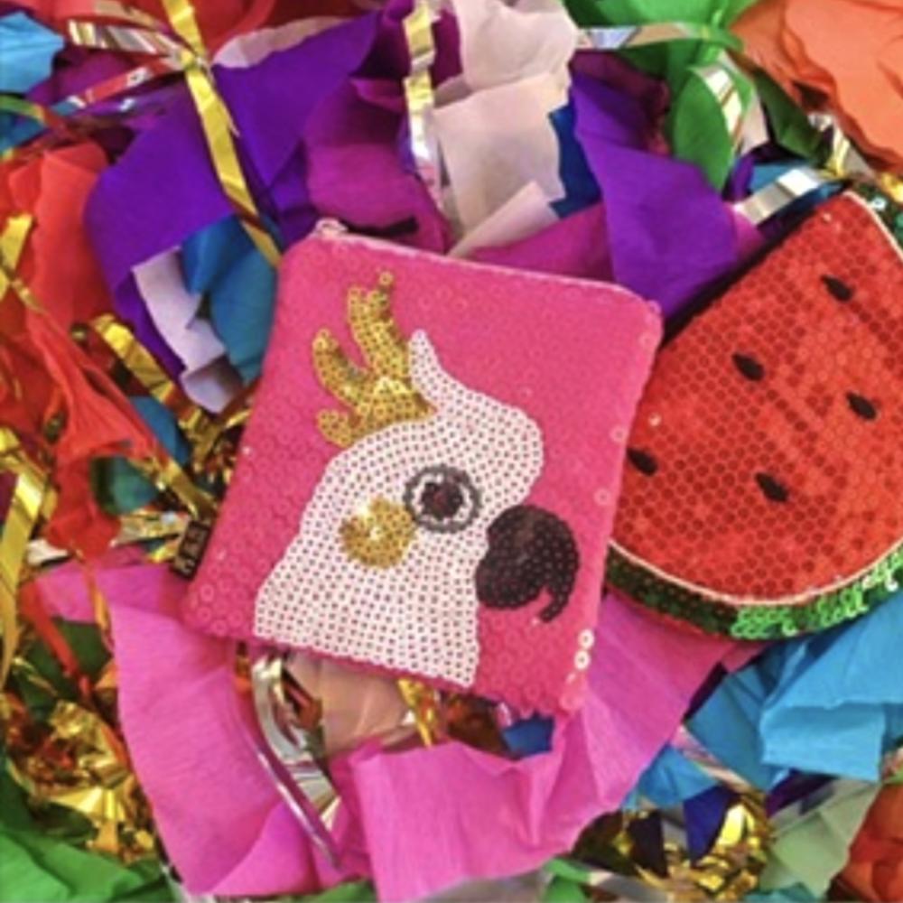 Australian Cockatoo Pocket Purse featuring shimmering sequins and Australia's favourite cheeky bird. Perfect for coins, keys, hair clips and tiny treasures.