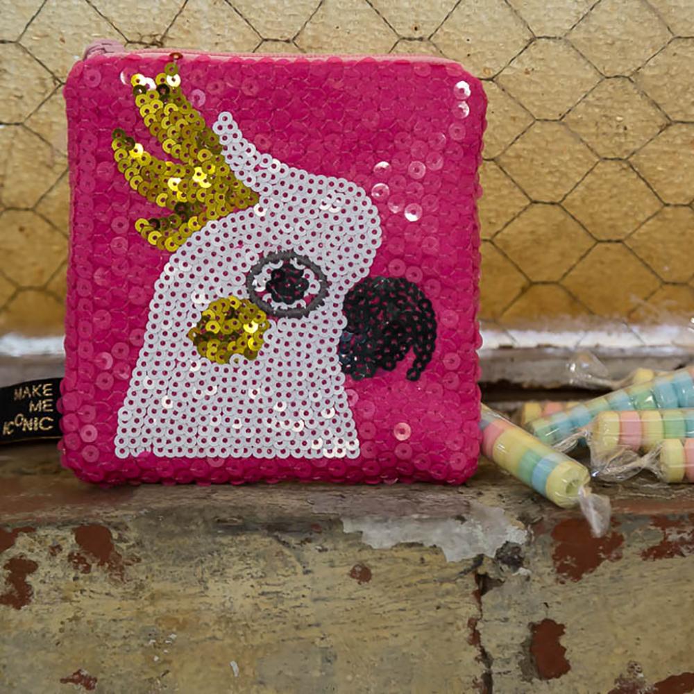 Australian Cockatoo Pocket Purse featuring shimmering sequins and Australia's favourite cheeky bird. Perfect for coins, keys, hair clips and tiny treasures.