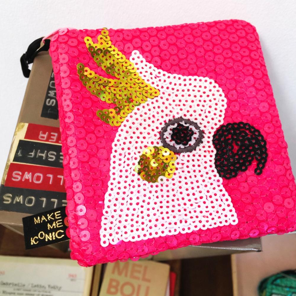 Australian Cockatoo Pocket Purse featuring shimmering sequins and Australia's favourite cheeky bird. Perfect for coins, keys, hair clips and tiny treasures.