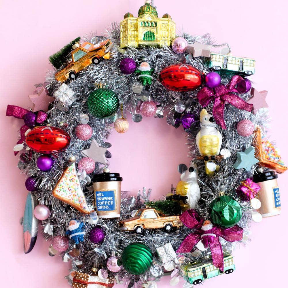 Make Me Iconic Christmas glass ornament set, 5-piece Australian-themed decorations featuring Fairy Bread, Lamington, Ute with tree, Surfboard, and Cockatoo, crafted in glass with paint and glitter details, great for gifts and Aussie souvenirs.