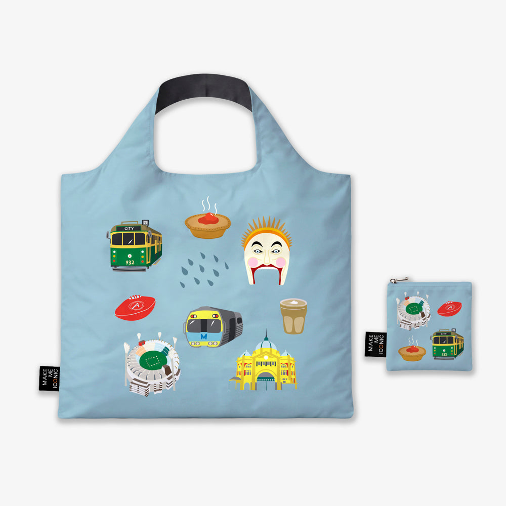 A Make Me Iconic reusable foldable shopping bag featuring iconic Melbourne landmarks and symbols including a W-Class tram, MCG, Flinders Street Station, coffee, meat pie, rain, and AFL football. Made from 100% recycled fabric, this lightweight eco-friendly tote folds into a compact pouch for shopping, travel, and everyday use.