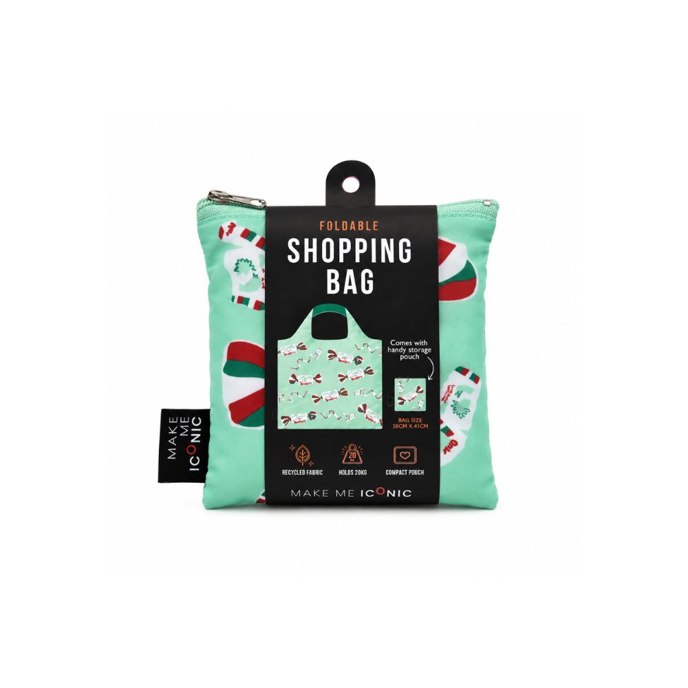 A Make Me Iconic reusable foldable shopping bag featuring the nostalgic Minties lolly design in its iconic red-and-white colours. Made from 100% recycled fabric, this lightweight bag folds into its own matching pouch, making it perfect for shopping, travel, or everyday use while celebrating one of Australia’s most iconic treats.