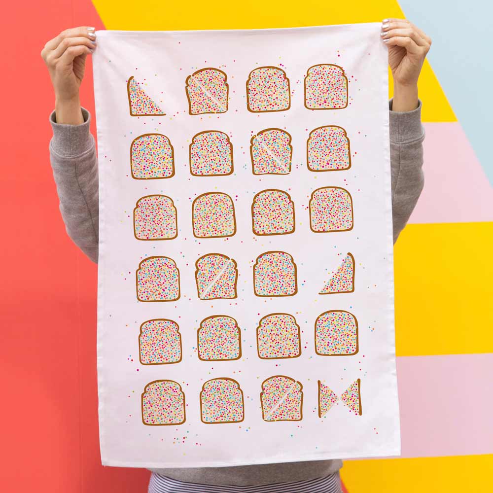 Make Me Iconic Fairy Bread Tea Towel celebrating Australian childhood nostalgia with a playful Aussie twist and rainbow sprinkles.