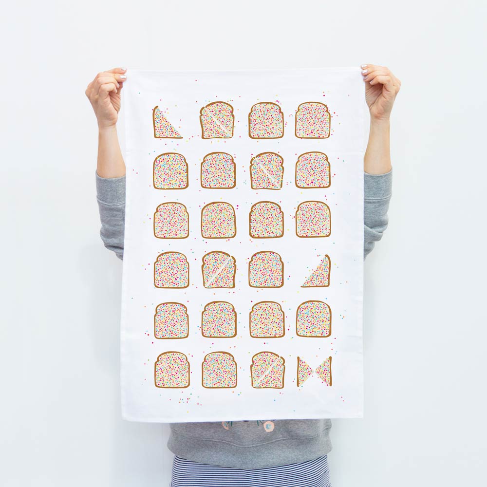 Make Me Iconic Fairy Bread Tea Towel celebrating Australian childhood nostalgia with a playful Aussie twist and rainbow sprinkles.