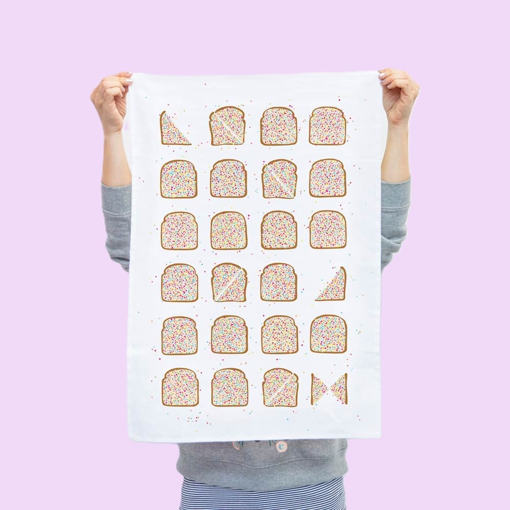 Make Me Iconic Fairy Bread Tea Towel celebrating Australian childhood nostalgia with a playful Aussie twist and rainbow sprinkles.