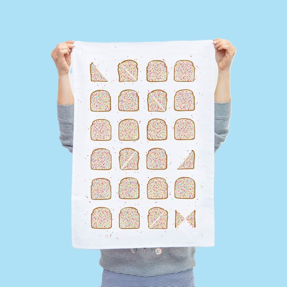 Make Me Iconic Fairy Bread Tea Towel celebrating Australian childhood nostalgia with a playful Aussie twist and rainbow sprinkles.
