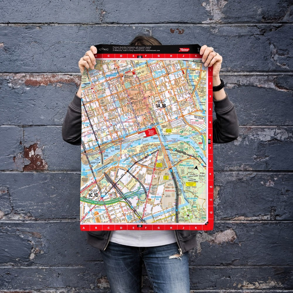 Iconic Melway Tea Towel featuring a vintage-style Melbourne street directory map design inspired by the classic Melway, celebrating Melbourne's roads, landmarks and the nostalgia of navigating before GPS. A unique tribute to an iconic part of Melbourne culture.