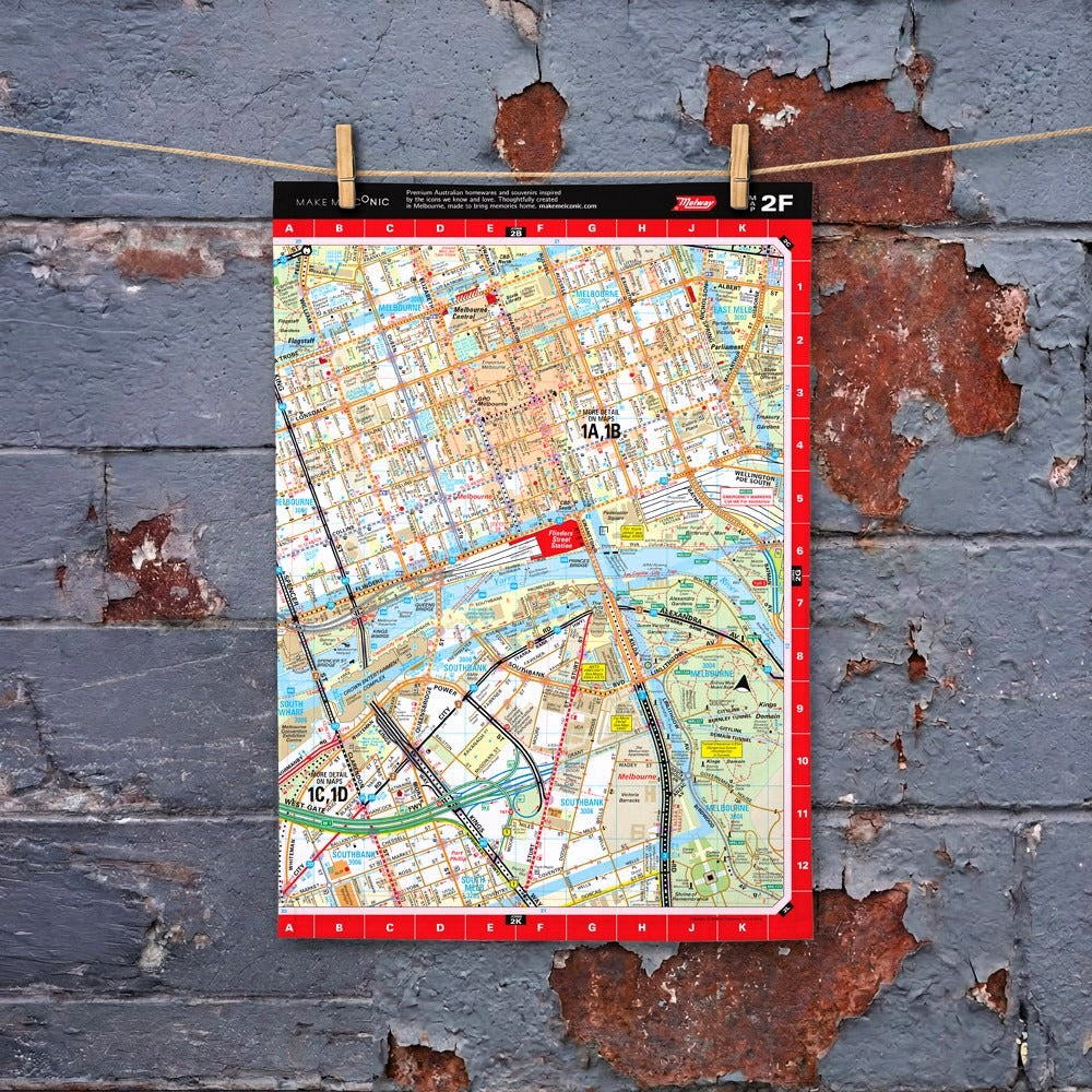 Iconic Melway Tea Towel featuring a vintage-style Melbourne street directory map design inspired by the classic Melway, celebrating Melbourne's roads, landmarks and the nostalgia of navigating before GPS. A unique tribute to an iconic part of Melbourne culture.