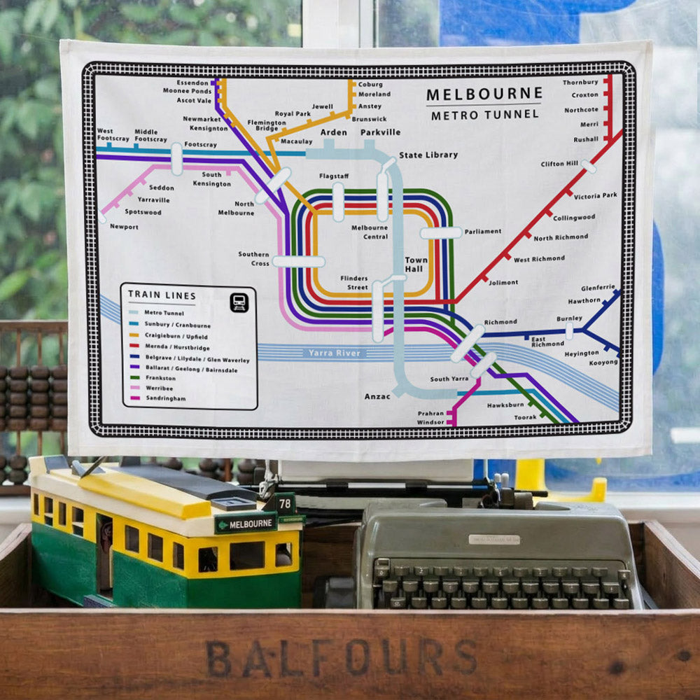 Iconic Melbourne Metro Tunnel Tea Towel featuring an illustrated map of Melbourne's Metro Tunnel project, including the five new underground stations at Arden, Parkville, State Library, Town Hall and Anzac,