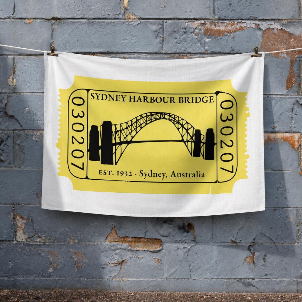 Sydney Harbour Bridge Tea Towel featuring Australia's iconic Sydney landmark in a vintage ticket design. A unique Australian gift and Sydney souvenir.