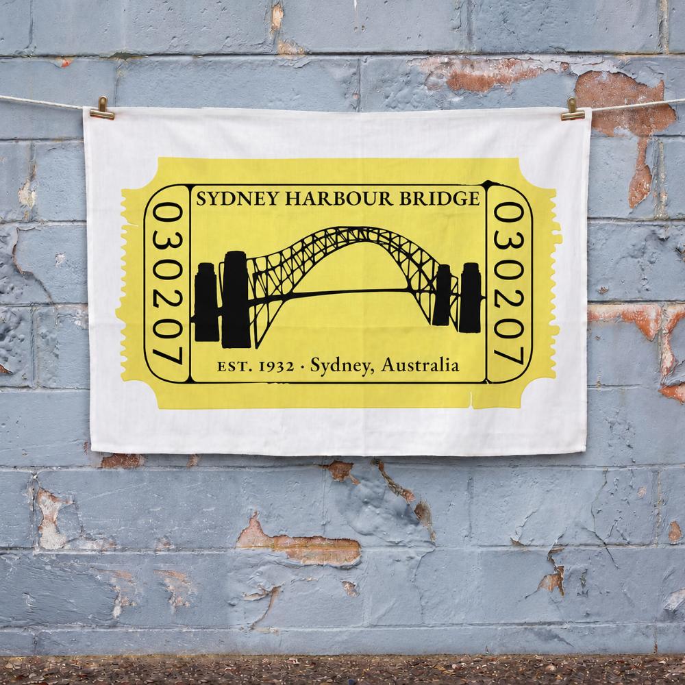 Sydney Harbour Bridge Tea Towel featuring Australia's iconic Sydney landmark in a vintage ticket design. A unique Australian gift and Sydney souvenir.