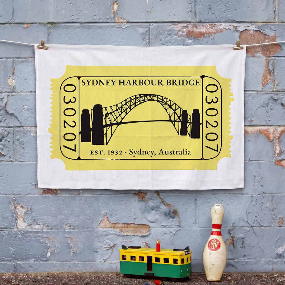 Sydney Harbour Bridge Tea Towel featuring Australia's iconic Sydney landmark in a vintage ticket design. A unique Australian gift and Sydney souvenir.