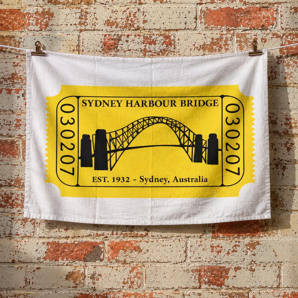 Sydney Harbour Bridge Tea Towel featuring Australia's iconic Sydney landmark in a vintage ticket design. A unique Australian gift and Sydney souvenir.