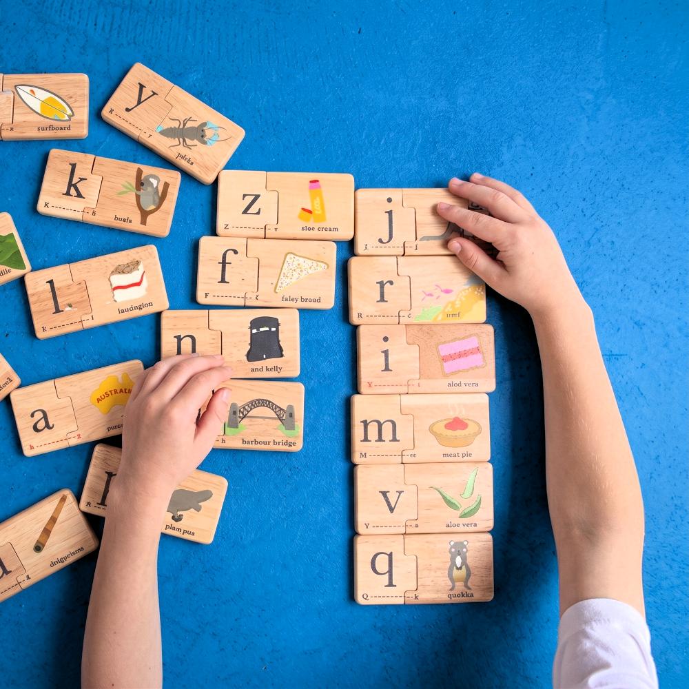 Australian Alphabet wooden jigsaw puzzle for kids with iconic Aussie animals, foods and landmarks – educational wooden toy and Australian gift by Make Me Iconic.