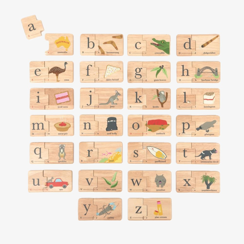 Australian Alphabet wooden jigsaw puzzle for kids with iconic Aussie animals, foods and landmarks – educational wooden toy and Australian gift by Make Me Iconic.