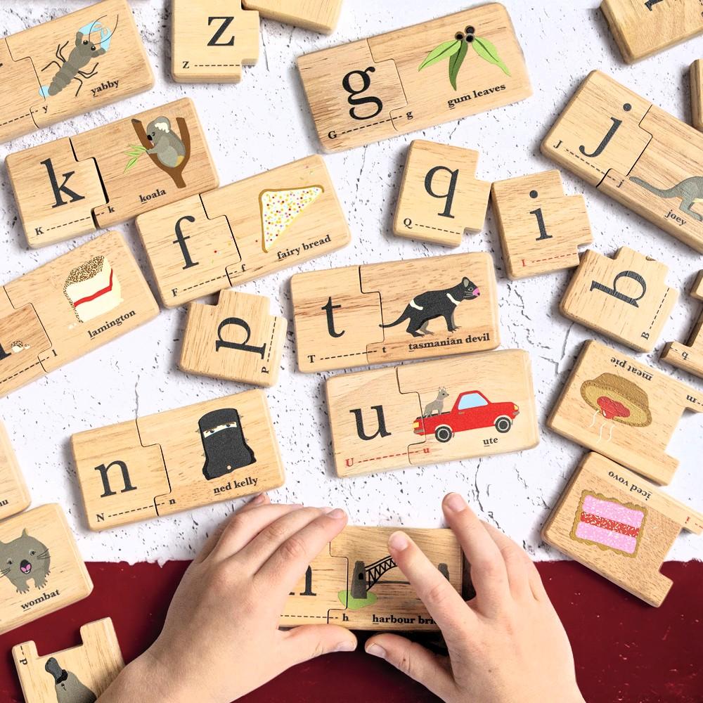 Australian Alphabet wooden jigsaw puzzle for kids with iconic Aussie animals, foods and landmarks – educational wooden toy and Australian gift by Make Me Iconic.