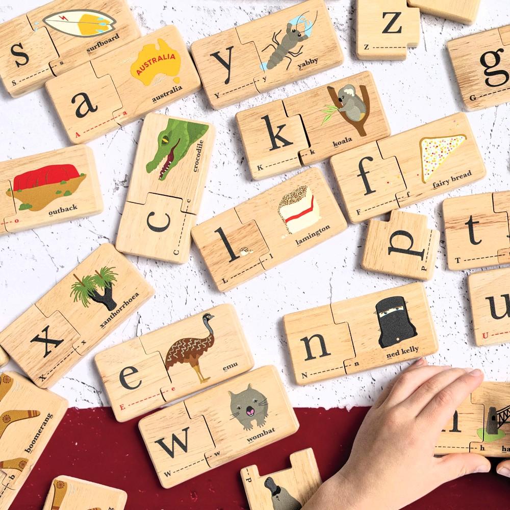 Australian Alphabet wooden jigsaw puzzle for kids with iconic Aussie animals, foods and landmarks – educational wooden toy and Australian gift by Make Me Iconic.