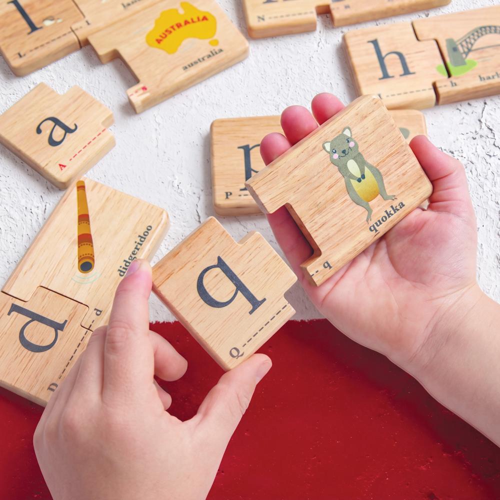 Australian Alphabet wooden jigsaw puzzle for kids with iconic Aussie animals, foods and landmarks – educational wooden toy and Australian gift by Make Me Iconic.