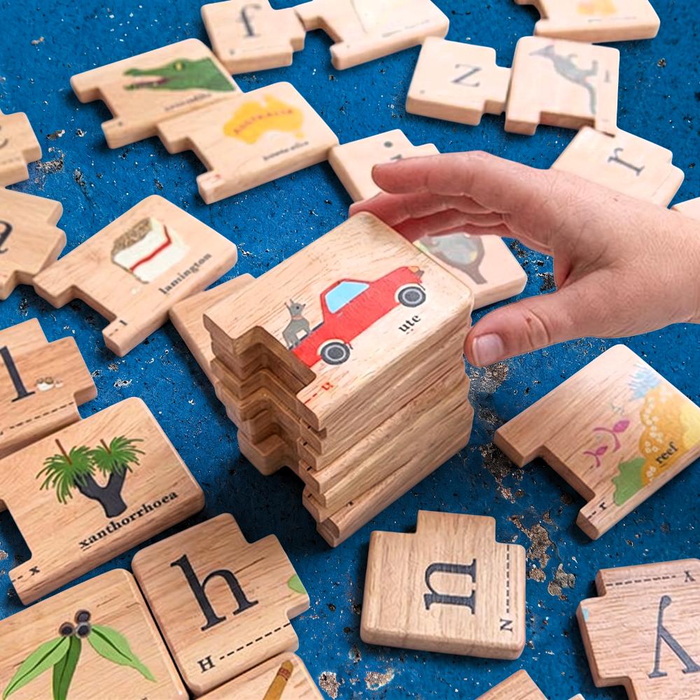 Australian Alphabet wooden jigsaw puzzle for kids with iconic Aussie animals, foods and landmarks – educational wooden toy and Australian gift by Make Me Iconic.