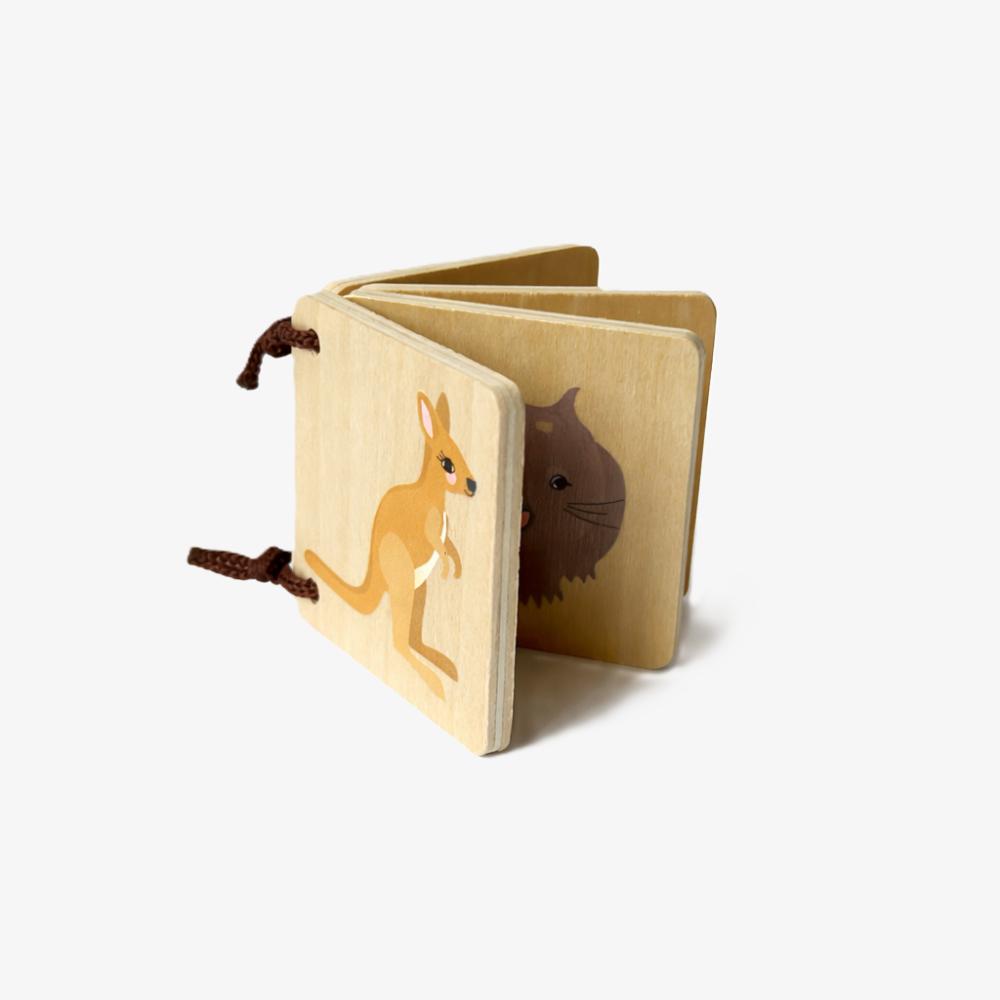Make Me Iconic Iconic Australian Animals mini wooden book for toddlers, featuring colourful Aussie animals including kangaroos, koalas and redback spiders for early learning, word recognition and screen-free play.