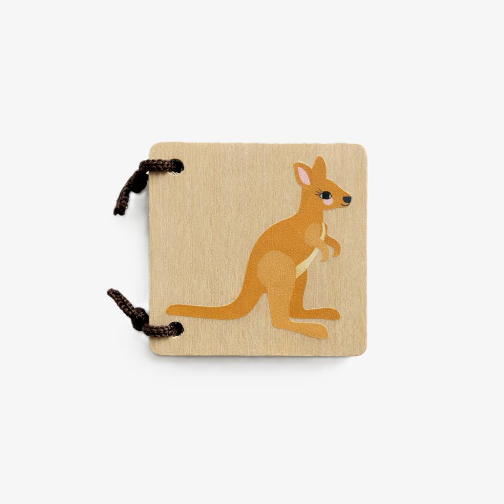 Make Me Iconic Iconic Australian Animals mini wooden book for toddlers, featuring colourful Aussie animals including kangaroos, koalas and redback spiders for early learning, word recognition and screen-free play.