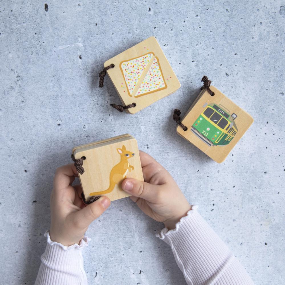 Make Me Iconic Iconic Australian Animals mini wooden book for toddlers, featuring colourful Aussie animals including kangaroos, koalas and redback spiders for early learning, word recognition and screen-free play.