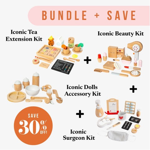 Make Me Iconic Ultimate Role Play Set for kids featuring a wooden Tea Set Extension, Doll Accessory Kit, Beauty Kit and Surgeon Kit, designed for imaginative pretend play, role play, creative learning and screen-free play for toddlers and children.