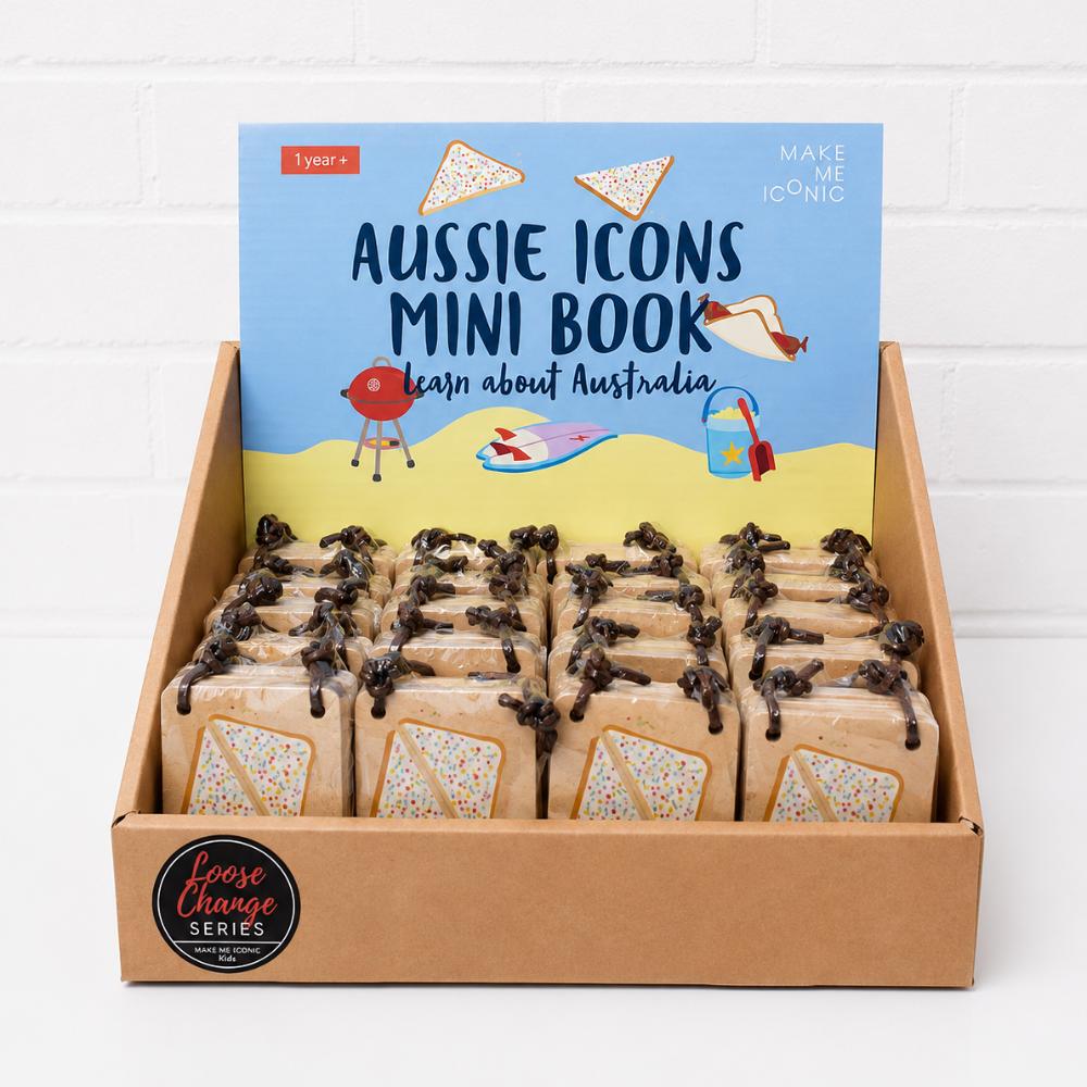 Make Me Iconic Iconic Australian Favourites mini wooden book for toddlers, featuring Aussie icons including fairy bread, Ugg boots, surfboards and beach days for early learning, word recognition and screen-free play.