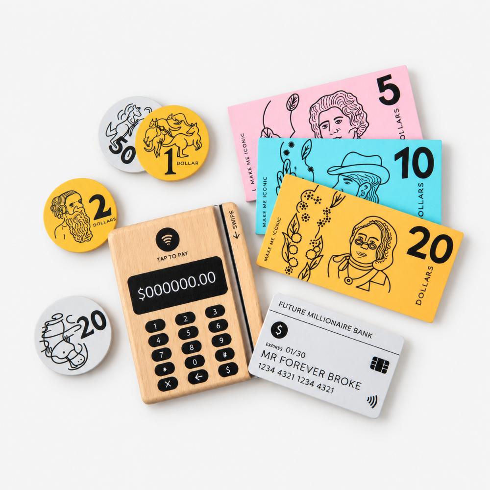 Make Me Iconic Iconic Australian Money & Point of Sale Machine wooden toy set for kids, with POS machine, credit card, Aussie banknotes and coins for imaginative shop role play and early maths learning.