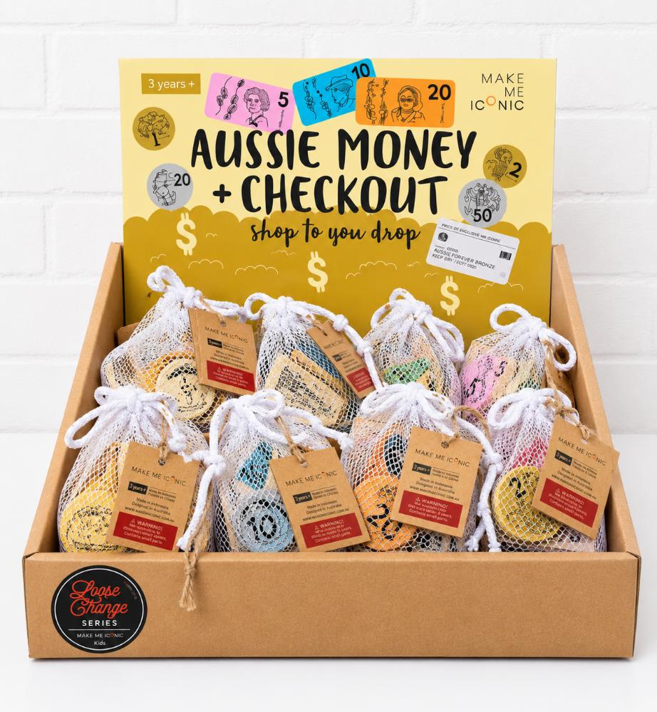 Make Me Iconic Iconic Australian Money & Point of Sale Machine wooden toy set for kids, with POS machine, credit card, Aussie banknotes and coins for imaginative shop role play and early maths learning.