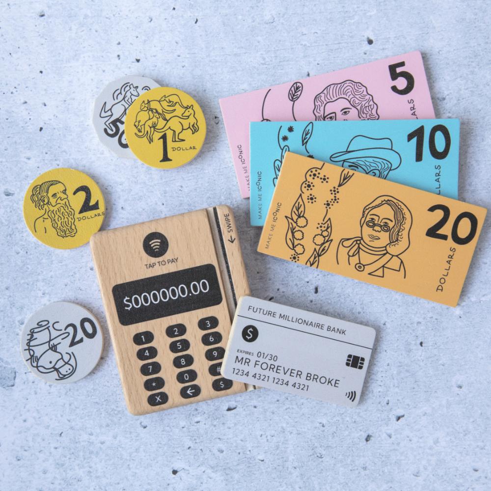Make Me Iconic Iconic Australian Money & Point of Sale Machine wooden toy set for kids, with POS machine, credit card, Aussie banknotes and coins for imaginative shop role play and early maths learning.