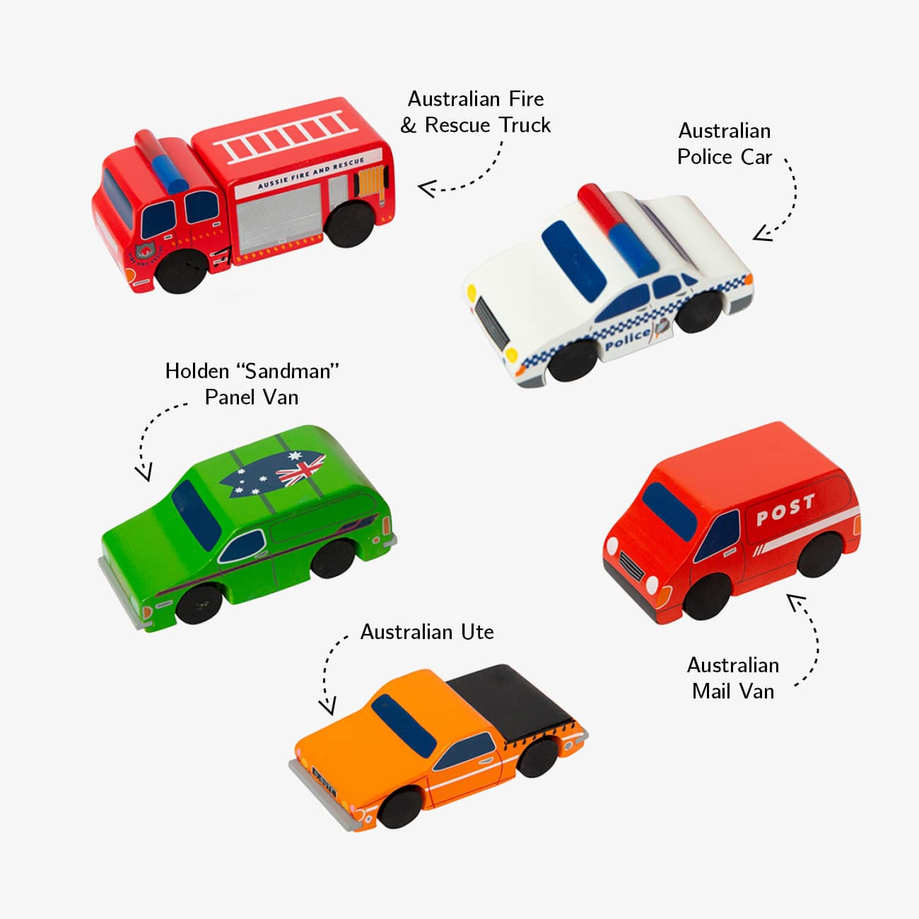 Aussie wooden toy vehicle set featuring Sandman Panel Van, retro-orange ute, fire truck, and postie bike for imaginative play