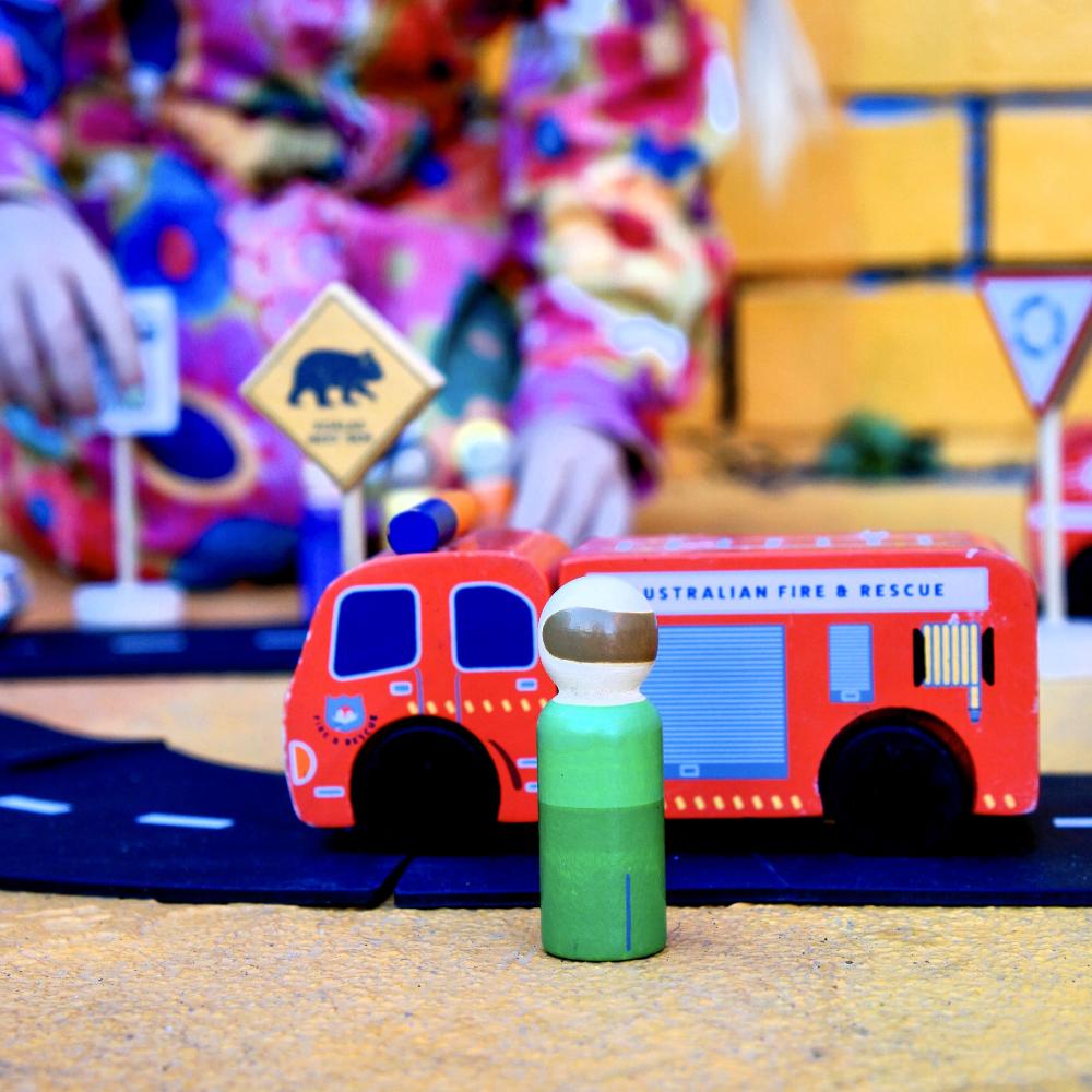 Make Me Iconic Australian wooden toy vehicle set featuring Sandman Panel Van, retro-orange Ute, Australian fire truck, Australian Police Car and Australia Post Truck for imaginative play