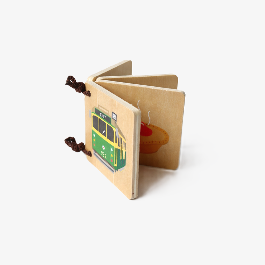 Make Me Iconic Melbourne Icons wooden book for toddlers, featuring iconic Melbourne and Australian favourites for early learning, word recognition, imaginative play and screen-free fun.