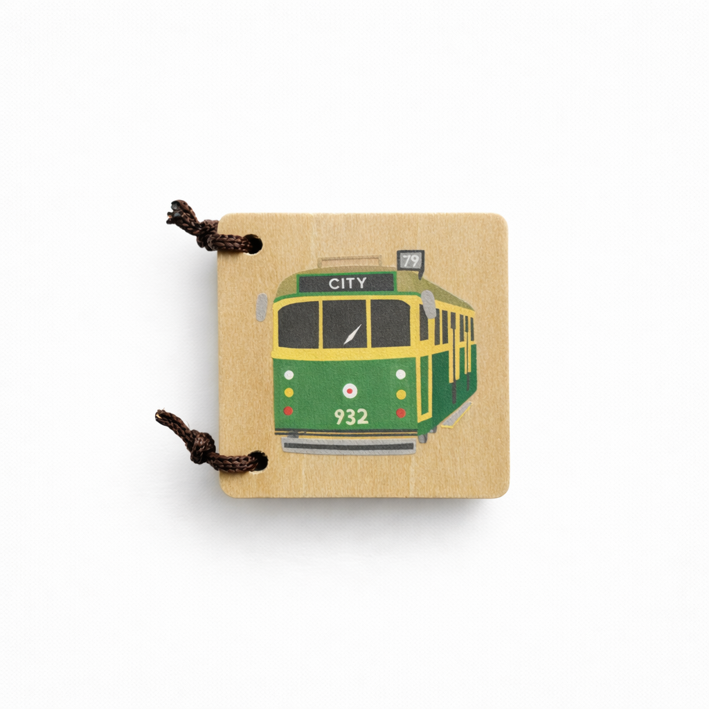 Make Me Iconic Melbourne Icons wooden book for toddlers, featuring iconic Melbourne and Australian favourites for early learning, word recognition, imaginative play and screen-free fun.