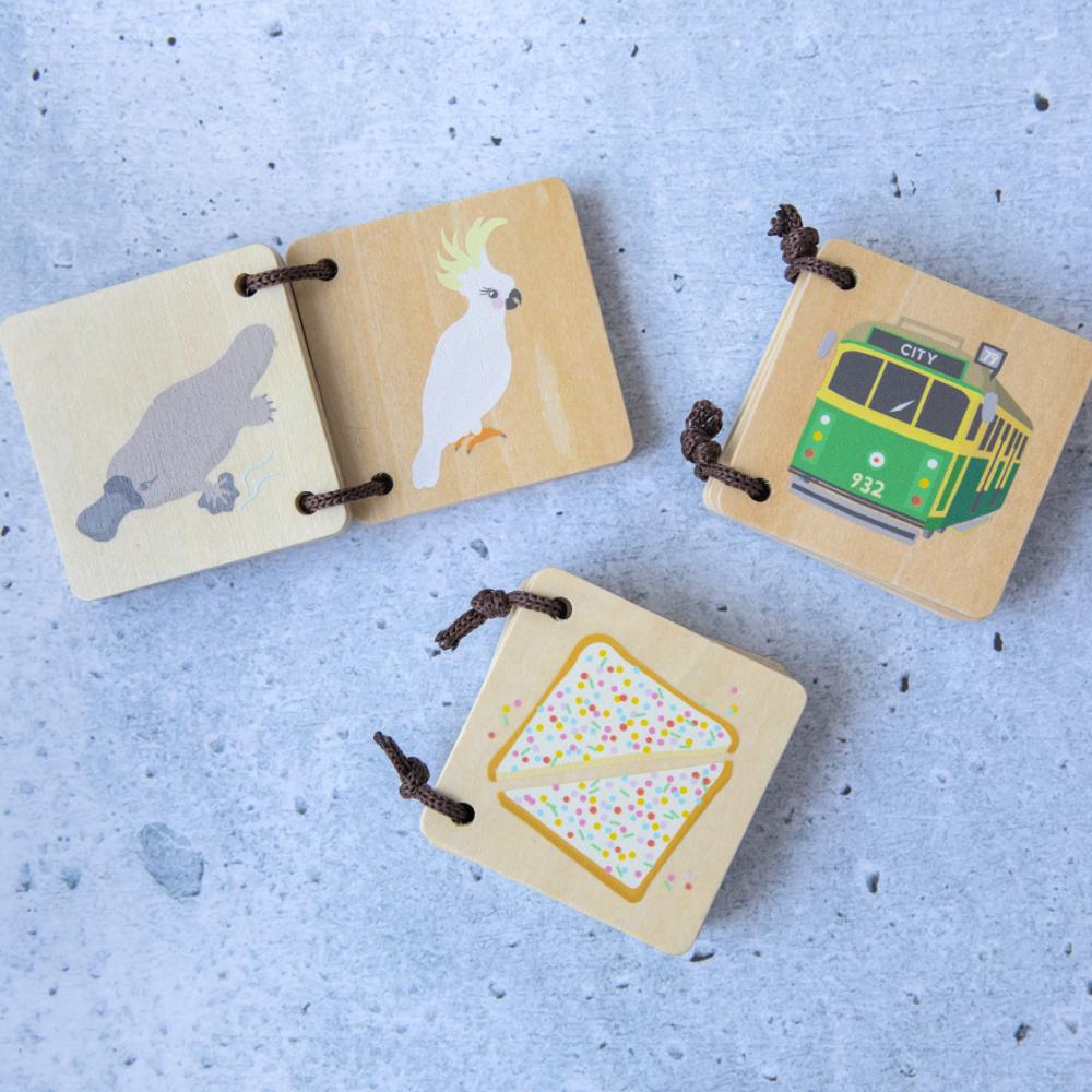Make Me Iconic Melbourne Icons wooden book for toddlers, featuring iconic Melbourne and Australian favourites for early learning, word recognition, imaginative play and screen-free fun.