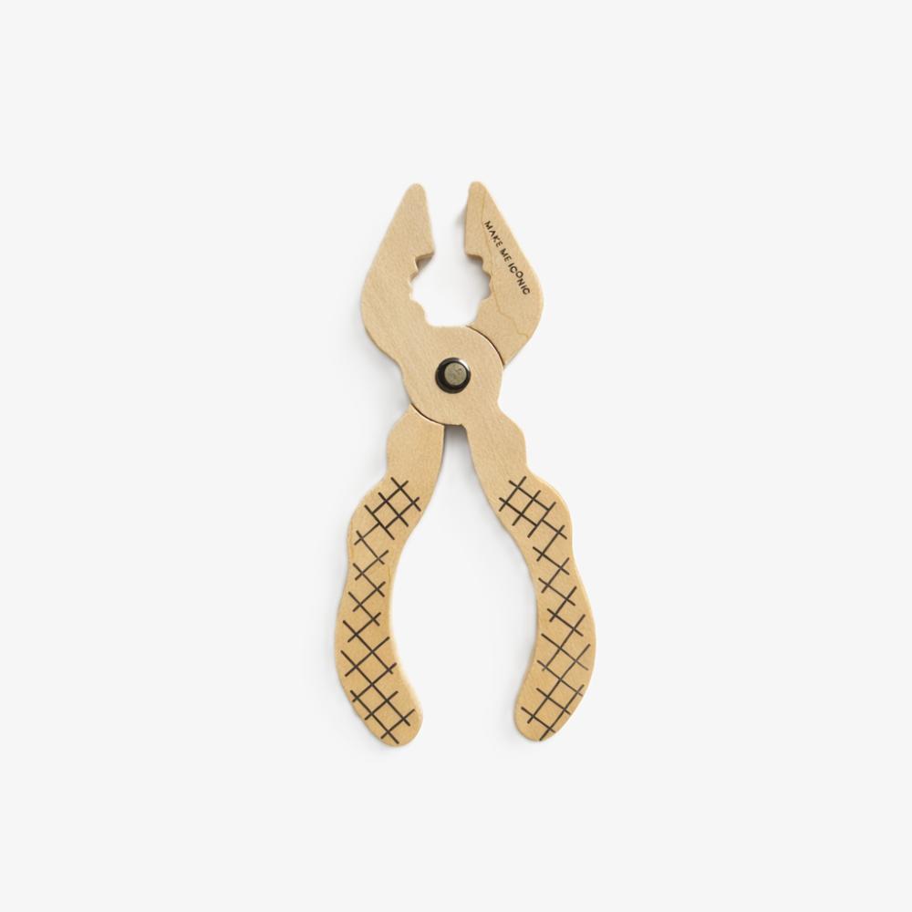 Make Me Iconic Iconic Pliers wood tool toy for kids, a durable wooden pretend play tool designed for little hands, imaginative builder play, construction role play and screen-free play.