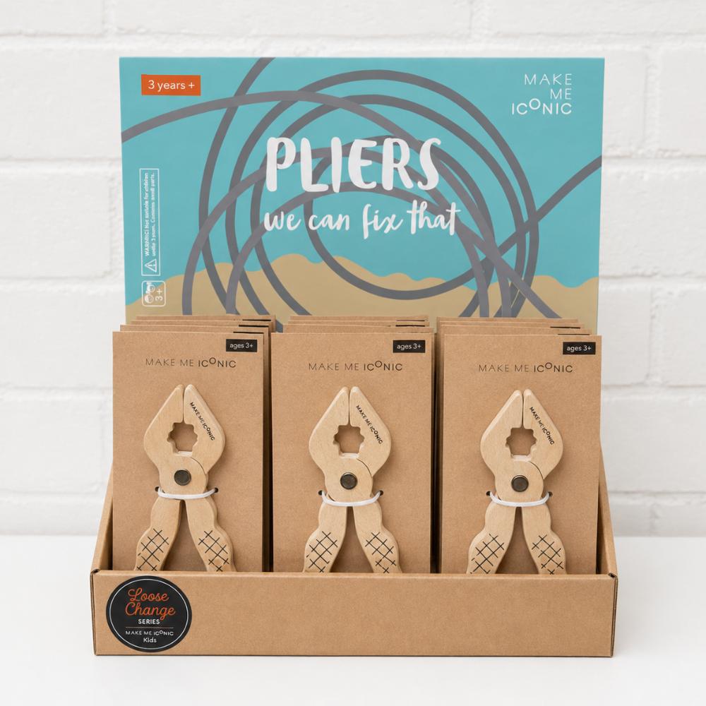 Make Me Iconic Iconic Pliers wood tool toy for kids, a durable wooden pretend play tool designed for little hands, imaginative builder play, construction role play and screen-free play.