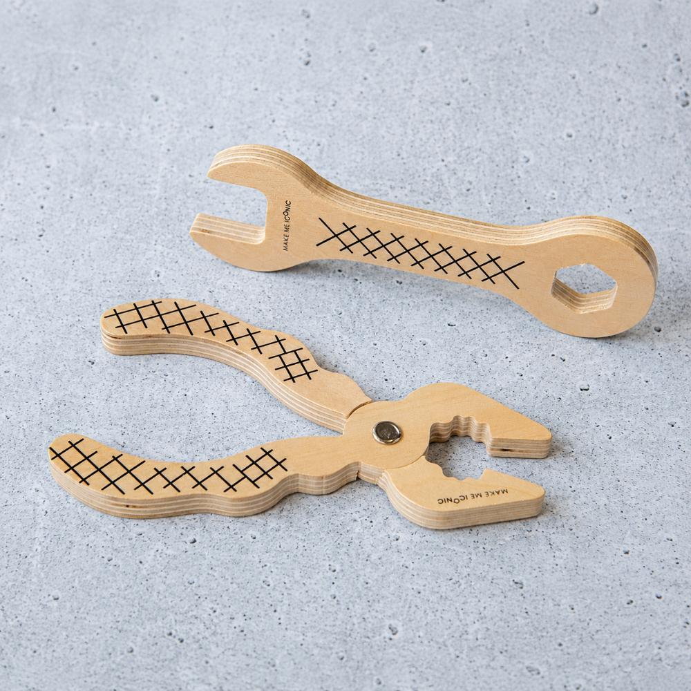 Make Me Iconic wooden Iconic Spanner toy for kids, a high-quality pretend play tool designed for little hands, imaginative builder play and construction role play.
